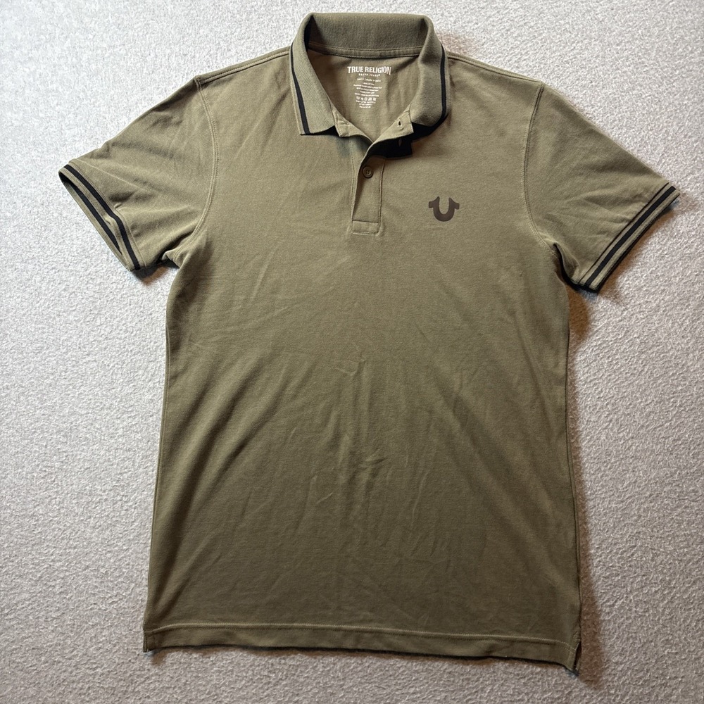 True Religion Men's Polo Shirt Green Sz S Shirt Sleeve Large Back Print Preppy